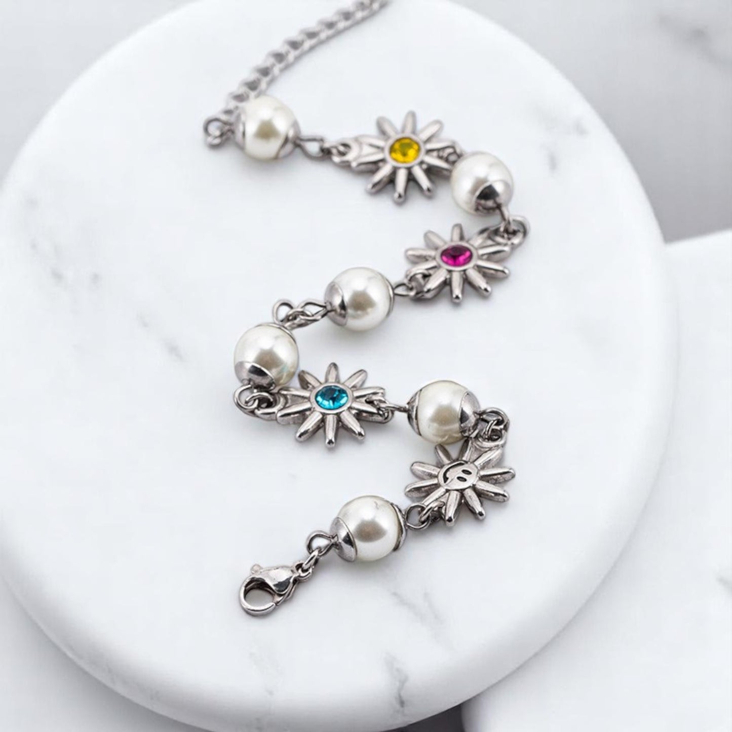 Vielring - Perlen Blumen Armband - Edelstahl - Silber