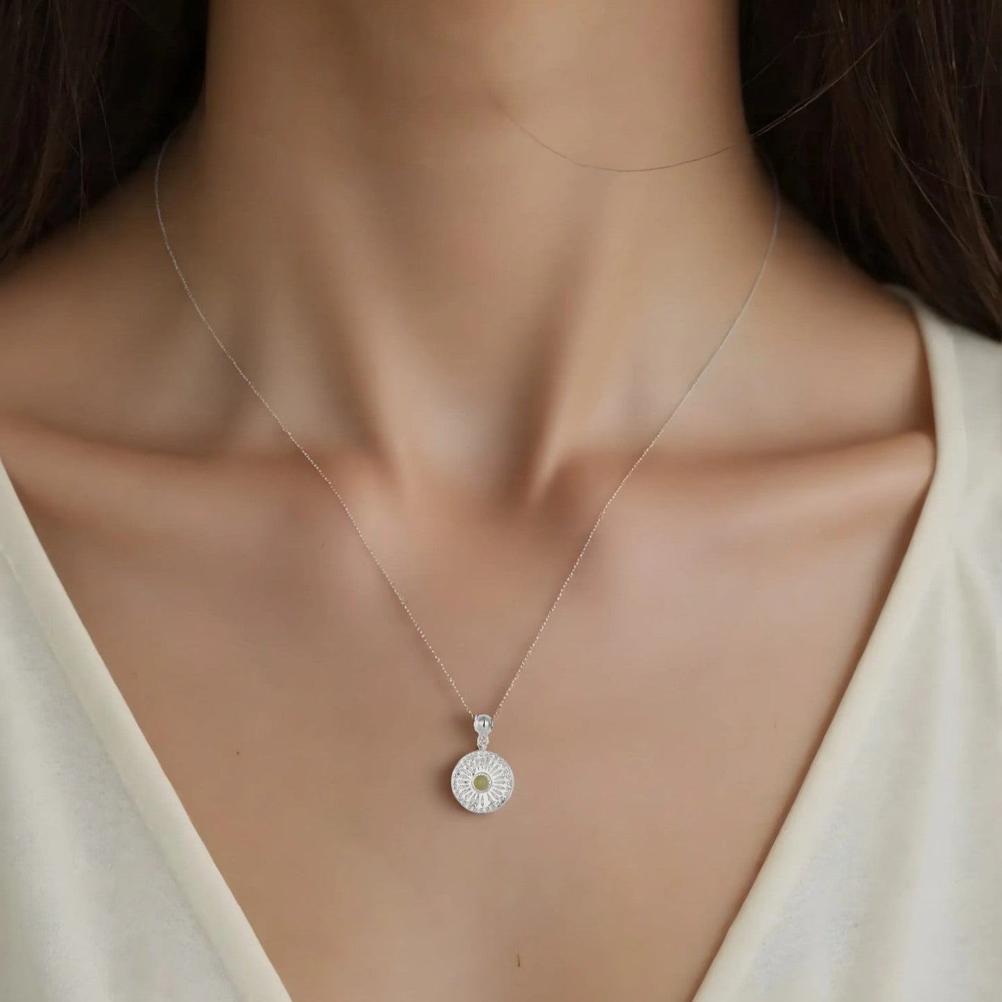 Münzhalskette mit Milch Zirkonia - 925 Silber