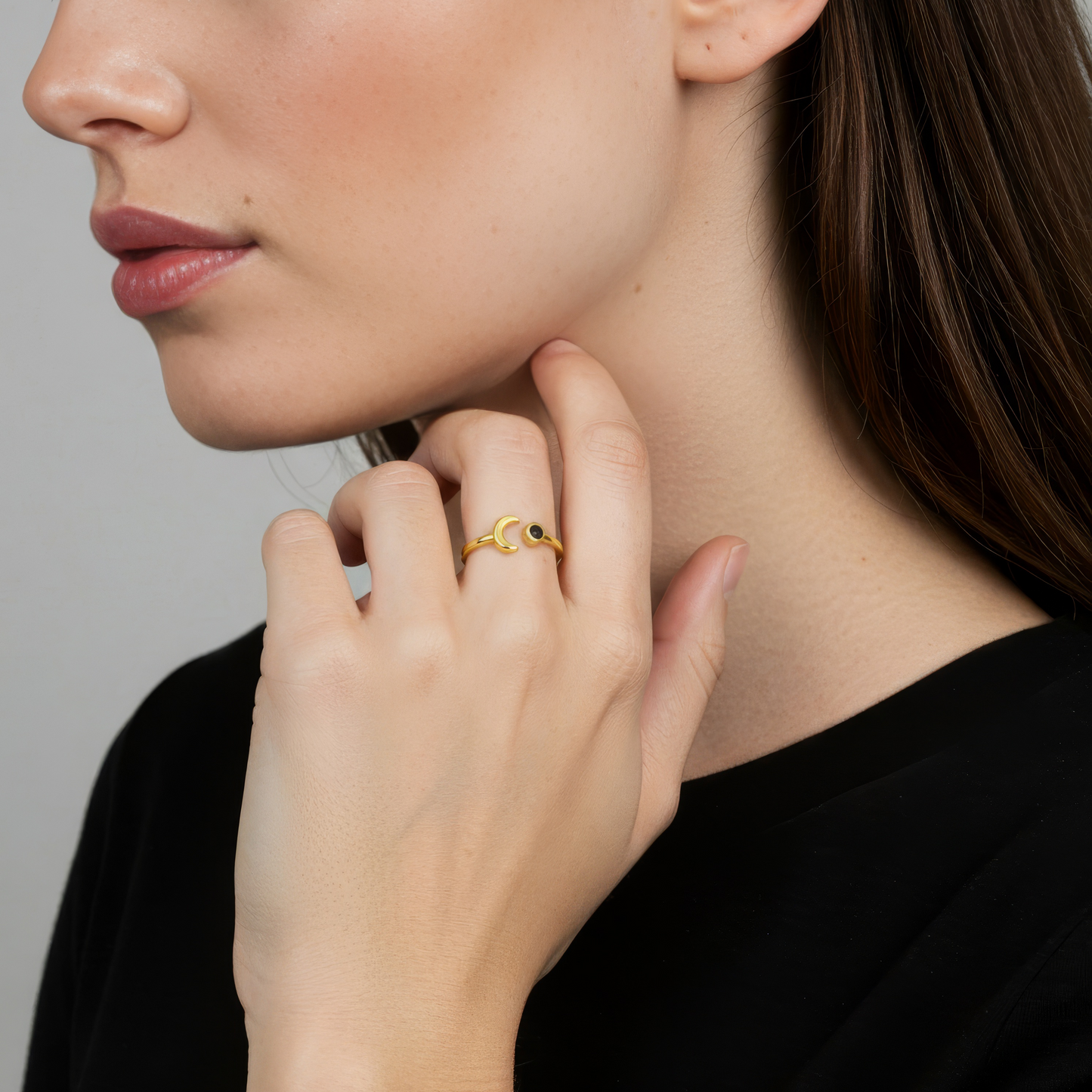 Schwarzer Onyx Mond Ring - 925 Silber