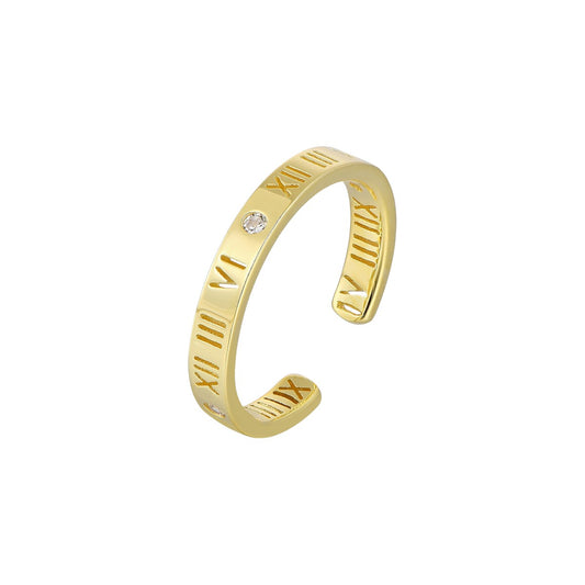 Vielring - Römischer Ziffern Ring mit Zirkonia Steinen - 925 Silber - Gold