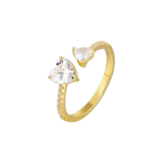 Vielring - Ring mit doppelten Zirkonia Steinen Herzen - 925 Silber - Gold