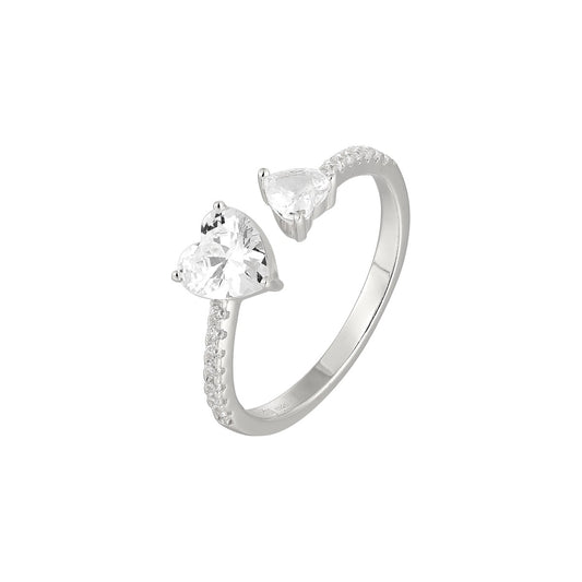 Vielring - Ring mit doppelten Zirkonia Steinen Herzen - 925 Silber - Silber