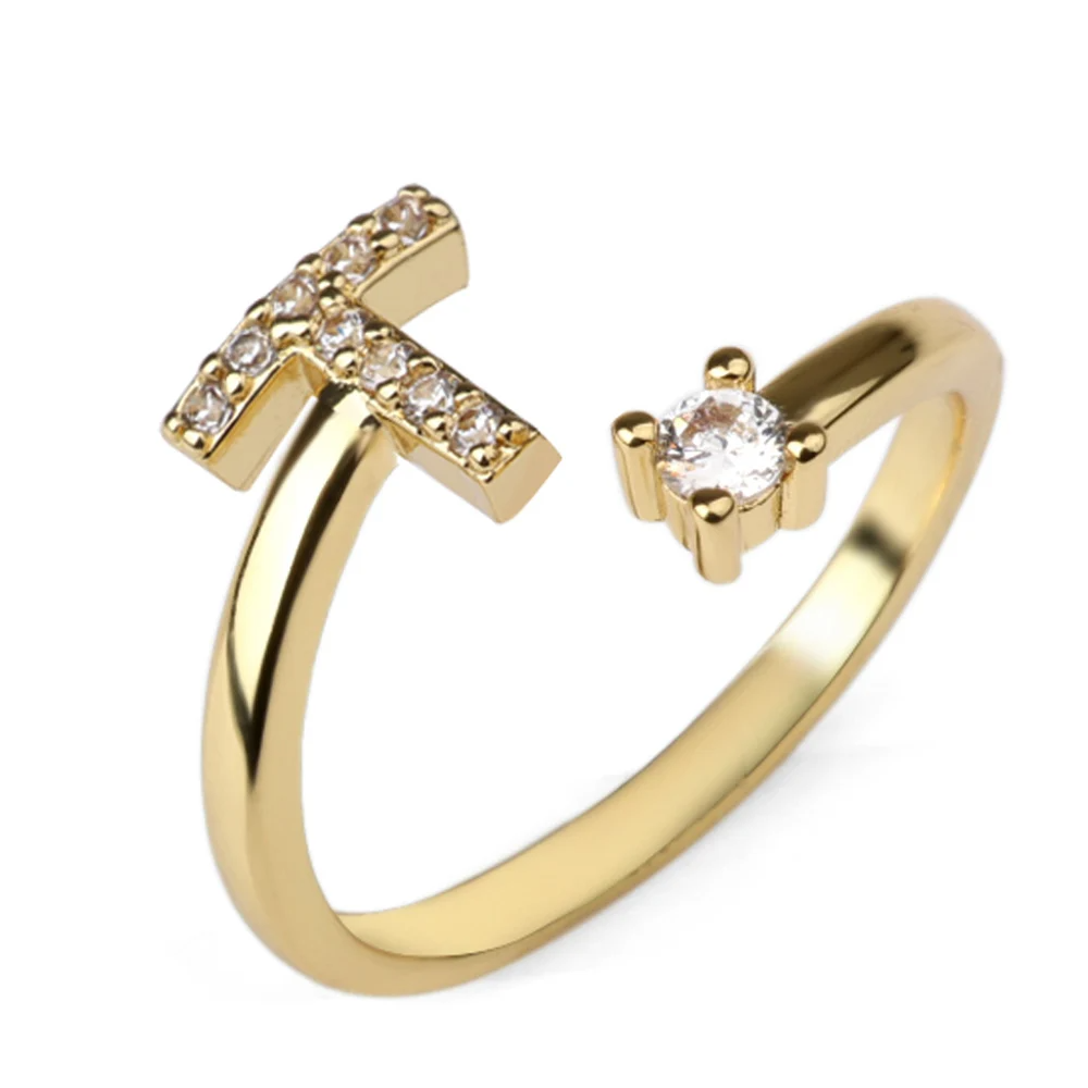Vielring - 925 Sterling Silber Vergoldeter Buchstaben Ring - Gold / T