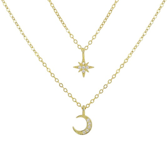 Stern Mond Zirkonia Halskette - 925 Silber