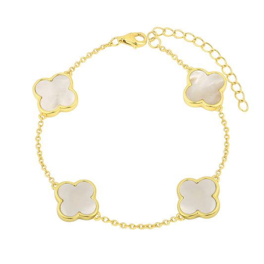 Weißes Perlmutt Klee Armband - 925 Silber