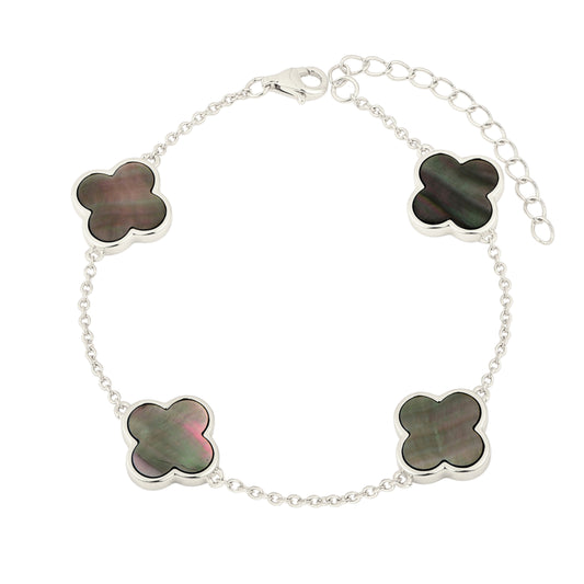Schwarzer Perlmutt Klee Armband - 925 Silber