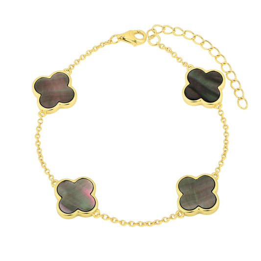 Schwarzer Perlmutt Klee Armband - 925 Silber