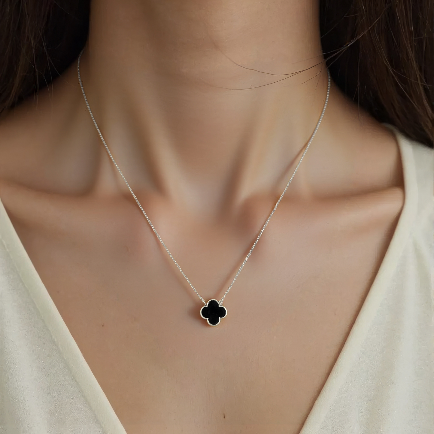 Onyx Klee Halskette - 925 Silber