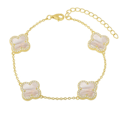 Weißes Perlmutt Klee Zirkonia Armband - 925 Silber