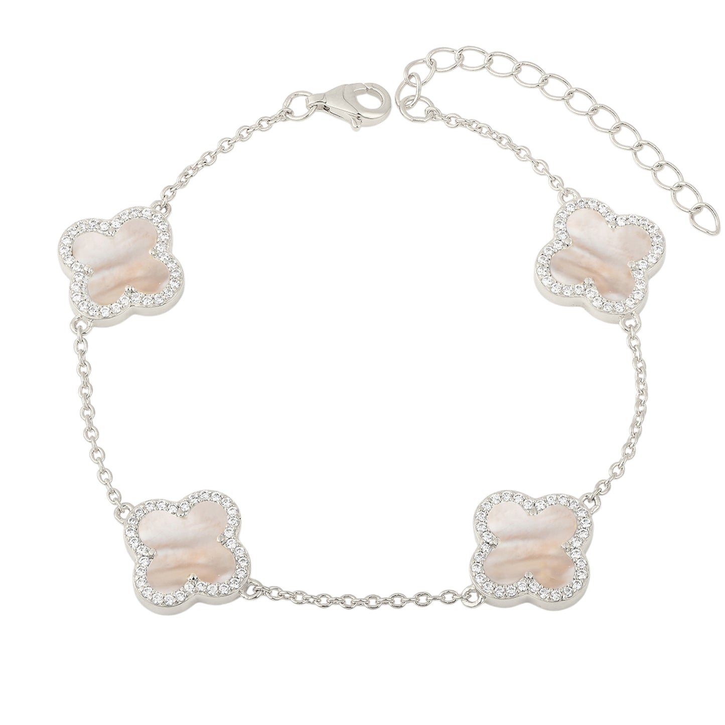 Weißes Perlmutt Klee Zirkonia Armband - 925 Silber