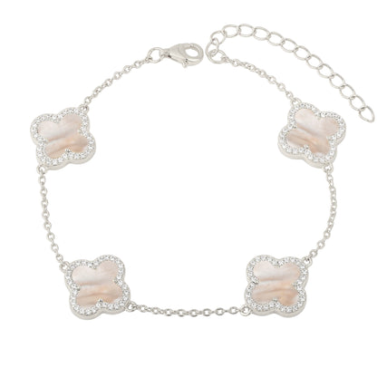 Weißes Perlmutt Klee Zirkonia Armband - 925 Silber
