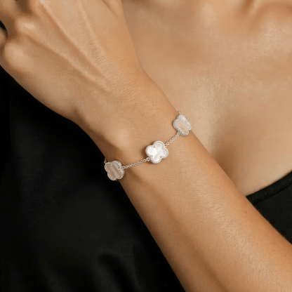 Weißes Perlmutt Klee Zirkonia Armband - 925 Silber