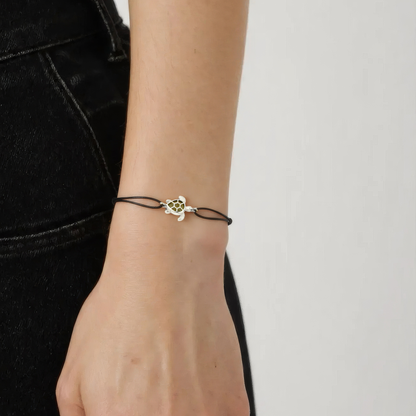 Schildkröten Zirkonia Stoff Armband Schwarz - 925 Silber