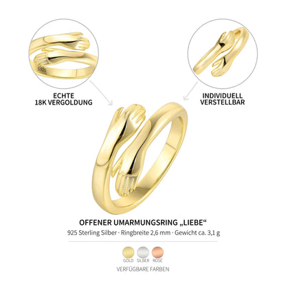 Vielring gold hug ring made of 925 sterling silver with 18K gold plating, adjustable fit, symbolizing love and connection.