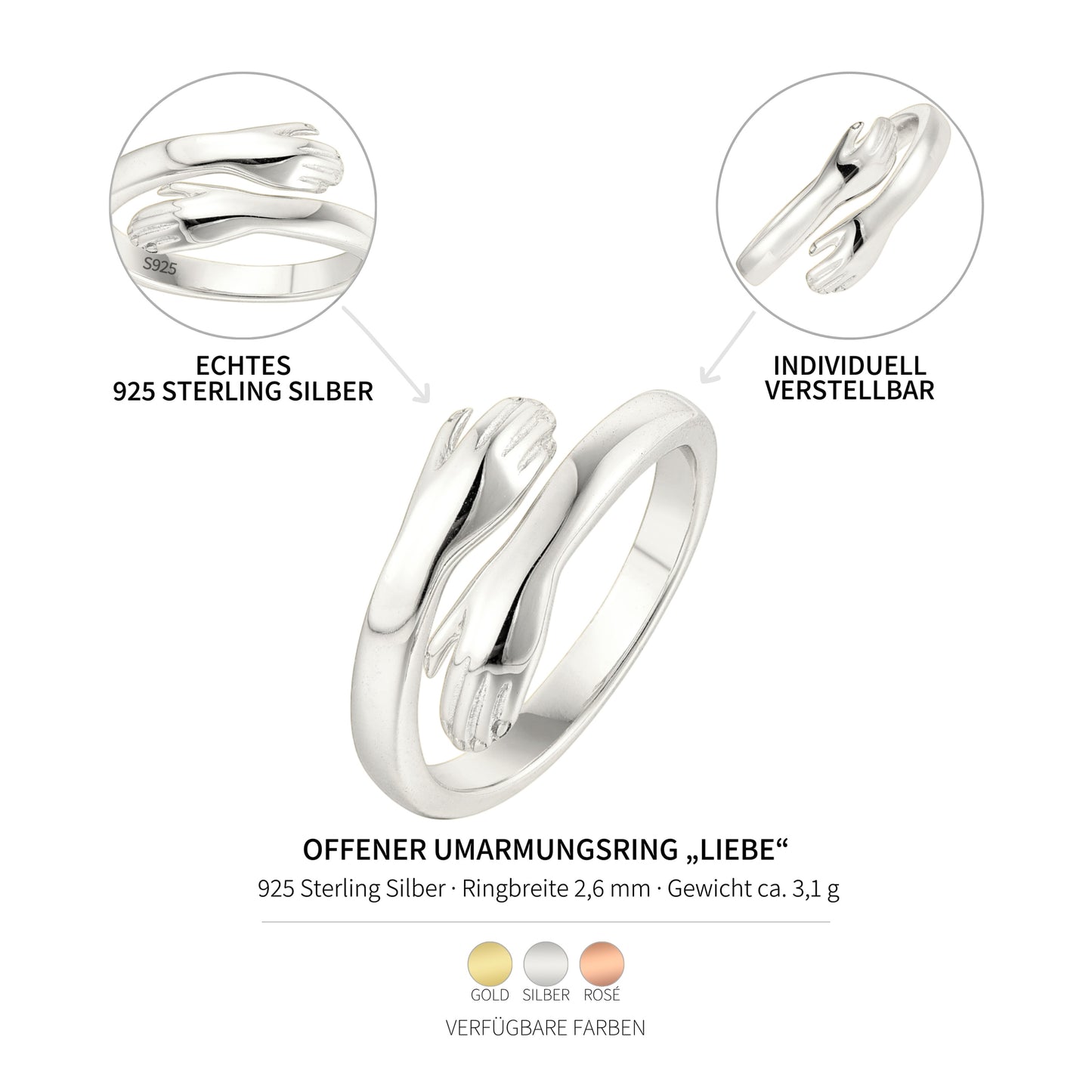 Vielring sterling silver open hug ring symbolizing love and connection. Adjustable fit, 925 silver.
