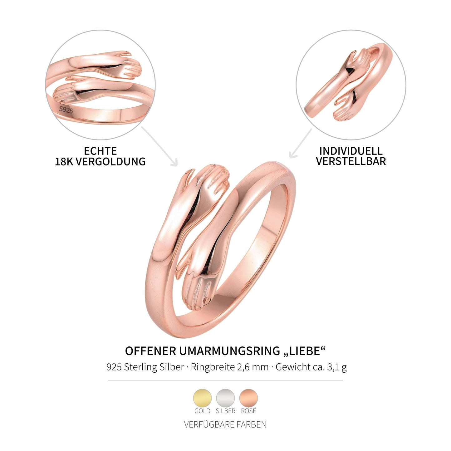 Vielring rose gold open hug ring in 925 sterling silver, adjustable fit, symbol of love and connection.